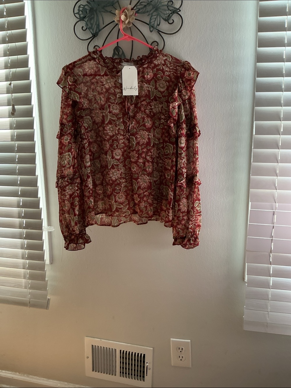 Wonderly Red Floral Sheer Ruffle Blouse